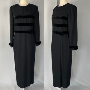 Vintage Maxi Dress Size 12 Black Solid Long Sleeve Bows Gothic Dark Academia 90s